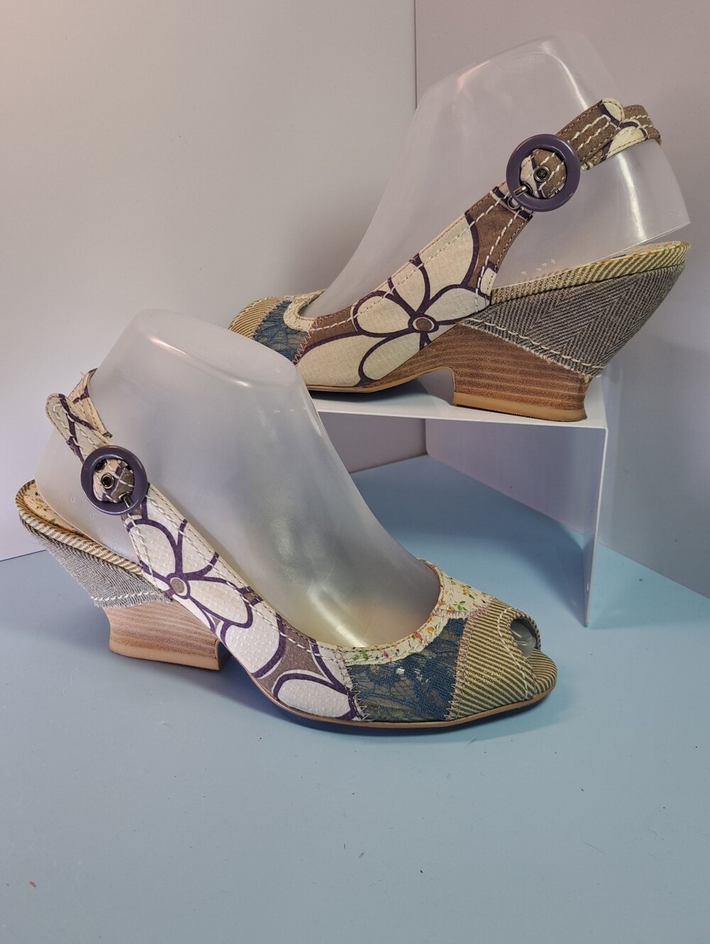 Bobbi Blu Sparkler Slingback Wedges in Cream, Brown, And Blue 7.5